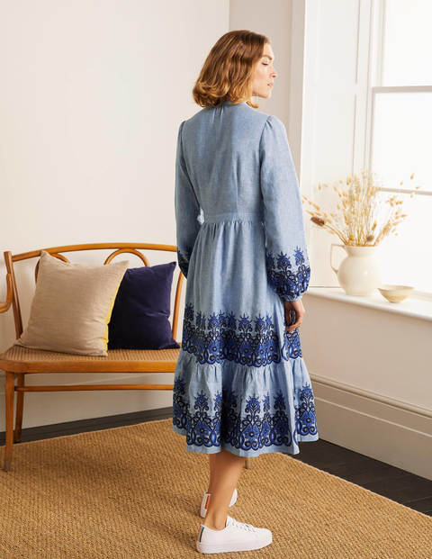Eden Embroidered Linen Dress - Grey Blue Chambray Eden Embroidered Linen Dress - Grey Blue Chambray