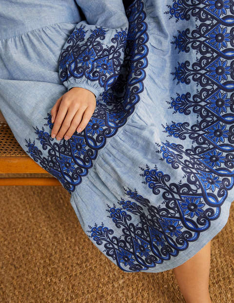 Eden Embroidered Linen Dress - Grey Blue Chambray Eden Embroidered Linen Dress - Grey Blue Chambray