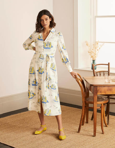 Rosanna Midi Shirt Dress - Ivory, Nautical Voyage Rosanna Midi Shirt Dress - Ivory, Nautical Voyage