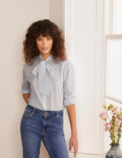 Fiona Tie Neck Shirt - Hazy Blue Ticking Stripe Fiona Tie Neck Shirt - Hazy Blue Ticking Stripe