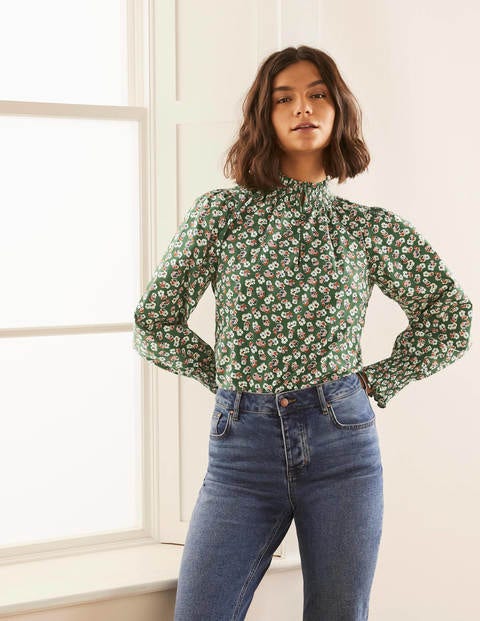 Top Ellie à smocks - Fève, motif petites fleurs peint