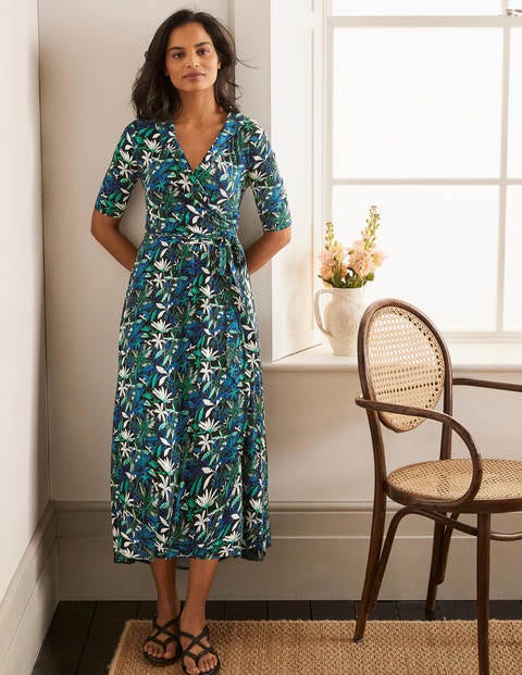Lavinia Jersey Wrap Dress - Black, Tropical Palm Lavinia Jersey Wrap Dress - Black, Tropical Palm