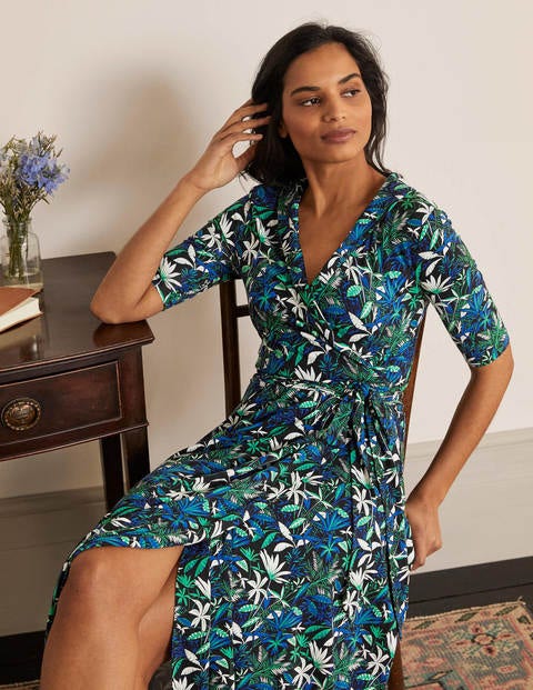 Lavinia Jersey Wrap Dress - Black, Tropical Palm | Boden US