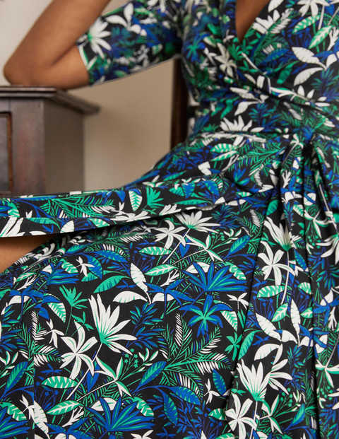 Lavinia Jersey Wrap Dress - Black, Tropical Palm Lavinia Jersey Wrap Dress - Black, Tropical Palm