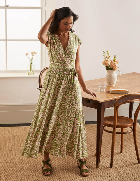 Eleanor Midikleid aus Jersey - Erbsengrün, Sommerliches Paisleymuster Eleanor Midikleid aus Jersey - Erbsengrün, Sommerliches Paisleymuster