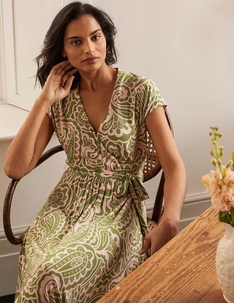 Eleanor Midikleid aus Jersey - Erbsengrün, Sommerliches Paisleymuster Eleanor Midikleid aus Jersey - Erbsengrün, Sommerliches Paisleymuster