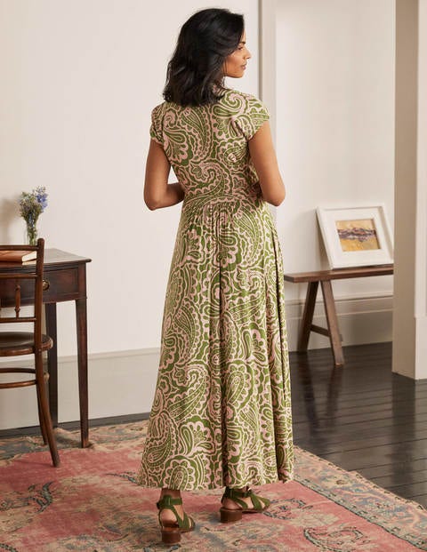 Eleanor Midikleid aus Jersey - Erbsengrün, Sommerliches Paisleymuster Eleanor Midikleid aus Jersey - Erbsengrün, Sommerliches Paisleymuster