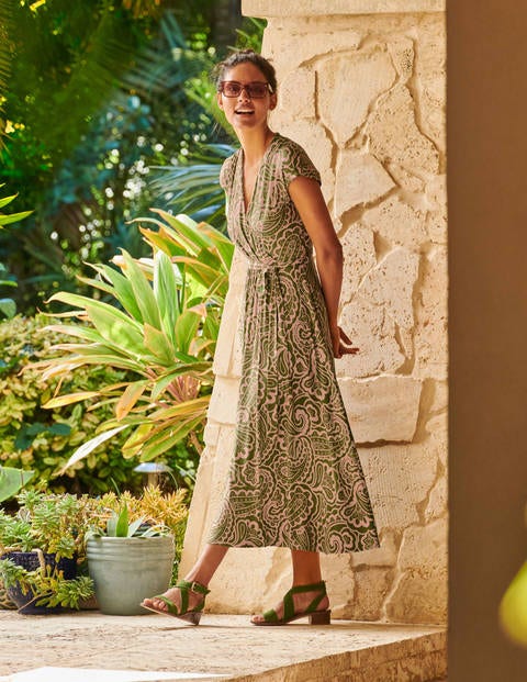 Eleanor Midikleid aus Jersey - Erbsengrün, Sommerliches Paisleymuster Eleanor Midikleid aus Jersey - Erbsengrün, Sommerliches Paisleymuster