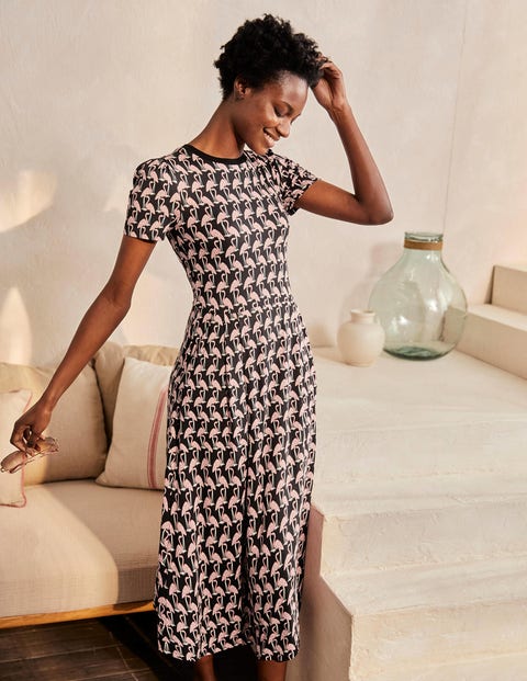 Lucinda Jersey Midi Dress - Black, Tropical Flamingo Lucinda Jersey Midi Dress - Black, Tropical Flamingo