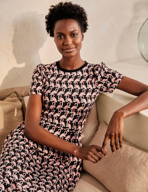 Lucinda Jersey Midi Dress - Black, Tropical Flamingo Lucinda Jersey Midi Dress - Black, Tropical Flamingo