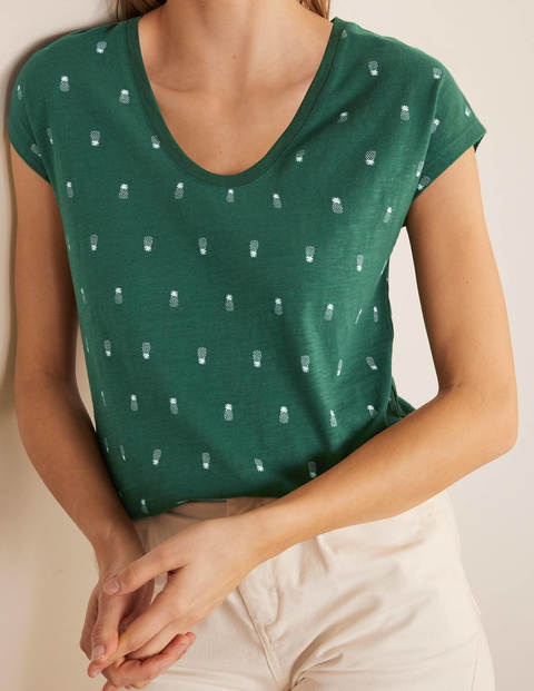 Fröhliches T-Shirt mit abgerundetem V-Ausschnitt - Palmblattgrün, Ananas Fröhliches T-Shirt mit abgerundetem V-Ausschnitt - Palmblattgrün, Ananas