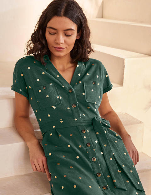 Thomasina Jersey Shirt Dress - Palm Leaf, Polka Dot Spaced Thomasina Jersey Shirt Dress - Palm Leaf, Polka Dot Spaced