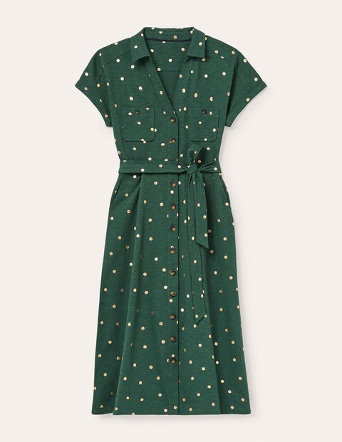 Thomasina Jersey Shirt Dress - Palm Leaf, Polka Dot Spaced Thomasina Jersey Shirt Dress - Palm Leaf, Polka Dot Spaced