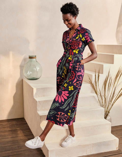 Thomasina Jersey Shirt Dress - Navy, Garden Tropic Thomasina Jersey Shirt Dress - Navy, Garden Tropic