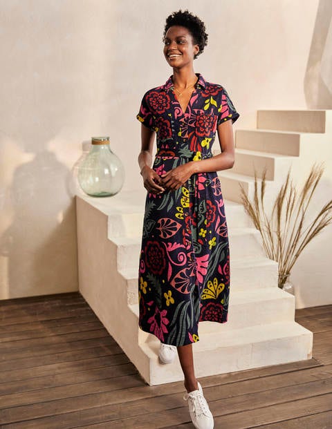 Thomasina Jersey Shirt Dress - Navy, Garden Tropic Thomasina Jersey Shirt Dress - Navy, Garden Tropic