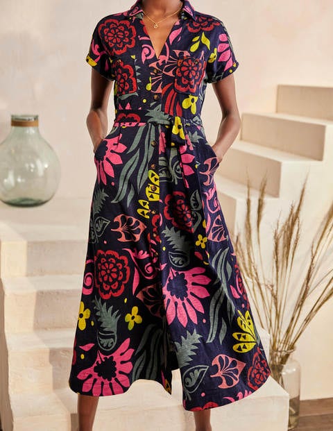 Thomasina Jersey Shirt Dress - Navy, Garden Tropic Thomasina Jersey Shirt Dress - Navy, Garden Tropic