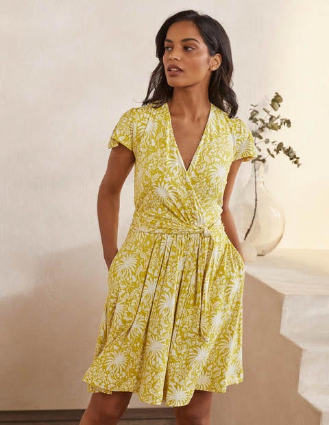 Evangeline Jersey Wrap Dress - Chartreuse, Tropical Charm