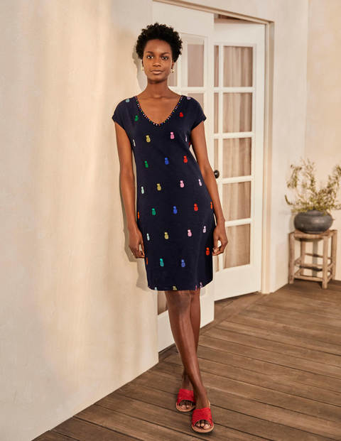 Polly Embroidered Dress - Navy, Pineapple Embroidery Polly Embroidered Dress - Navy, Pineapple Embroidery
