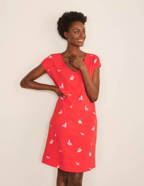 Polly Embroidered Dress - Cherry Red, Parrot Embroidery Polly Embroidered Dress - Cherry Red, Parrot Embroidery