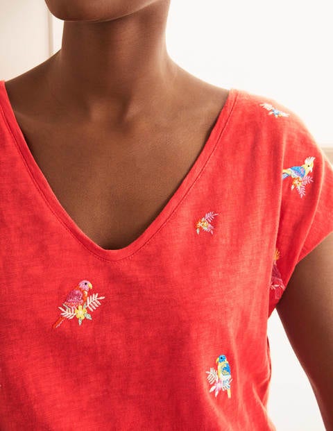 Polly Embroidered Dress - Cherry Red, Parrot Embroidery Polly Embroidered Dress - Cherry Red, Parrot Embroidery