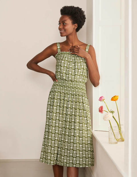 Rosamund Jerseykleid mit Smokdetail - Erbsengrün, Geometrisches Ananasmuster