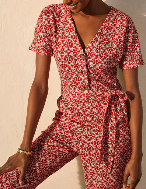 Alberta Jersey Jumpsuit - Cherry Red, Ornate Lattice Alberta Jersey Jumpsuit - Cherry Red, Ornate Lattice