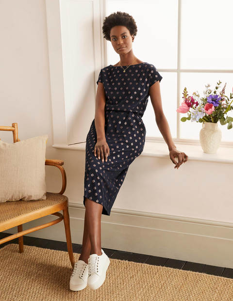 Odile Jersey T-shirt Dress - French Navy, Palm Tile Foil Odile Jersey T-shirt Dress - French Navy, Palm Tile Foil