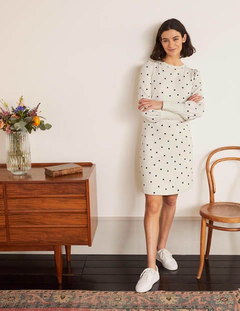 Romona Sweatshirt Dress - Ivory and Navy, Polka Romona Sweatshirt Dress - Ivory and Navy, Polka