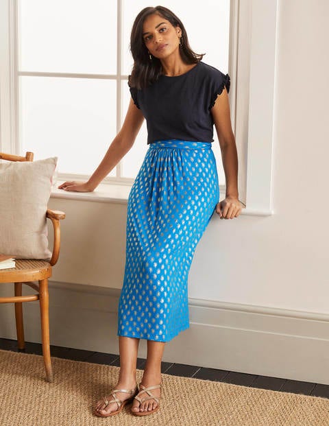 Ruched Waist Skirt - Moroccan Blue, Paisley Stamp