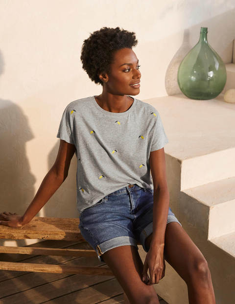 Lena Embroidered Jersey Tee - Grey Marl, Embroidered Lemons Lena Embroidered Jersey Tee - Grey Marl, Embroidered Lemons