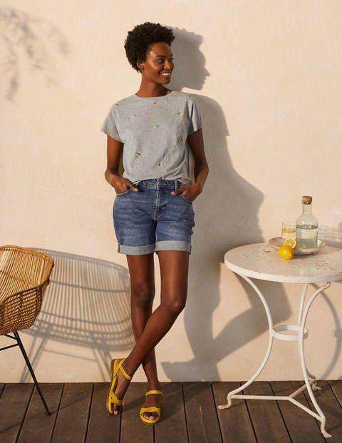 Lena Embroidered Jersey Tee - Grey Marl, Embroidered Lemons Lena Embroidered Jersey Tee - Grey Marl, Embroidered Lemons