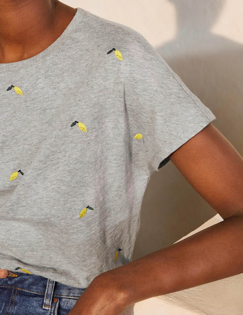 Lena Embroidered Jersey Tee - Grey Marl, Embroidered Lemons Lena Embroidered Jersey Tee - Grey Marl, Embroidered Lemons