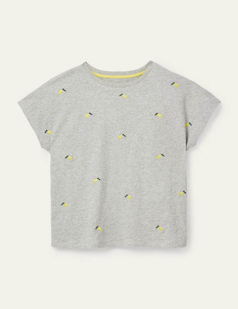 Lena Embroidered Jersey Tee - Grey Marl, Embroidered Lemons Lena Embroidered Jersey Tee - Grey Marl, Embroidered Lemons