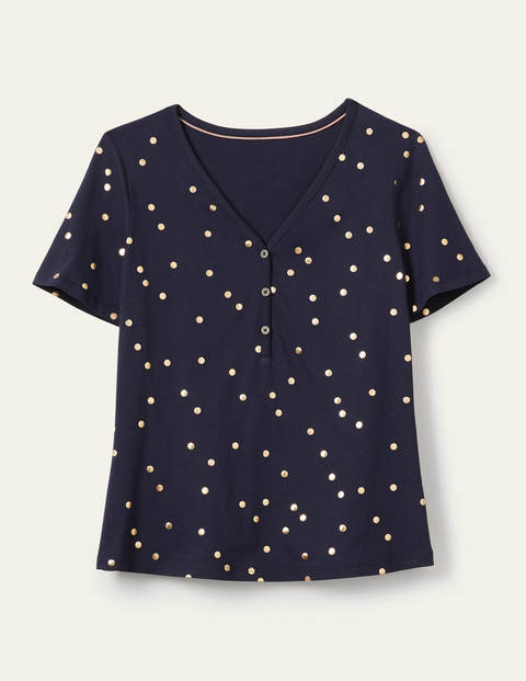 Henley Schlafanzugoberteil mit kurzen Ärmeln - Navy, Verstreute Tupfen Henley Schlafanzugoberteil mit kurzen Ärmeln - Navy, Verstreute Tupfen