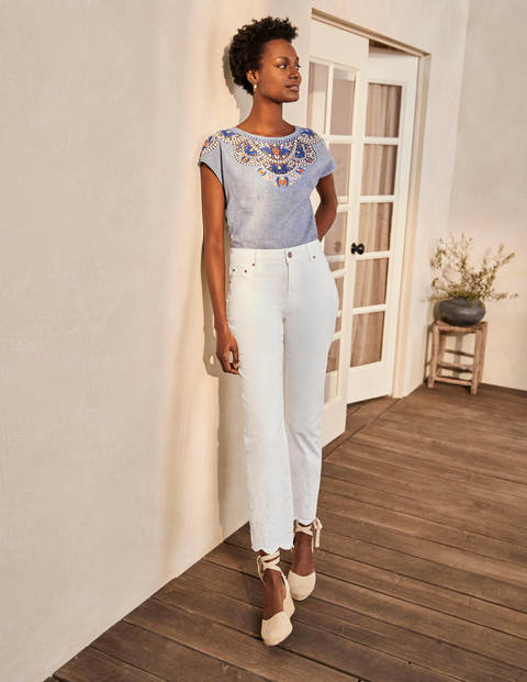 Slim Straight Ankle Skimmers - White Embroidered Slim Straight Ankle Skimmers - White Embroidered