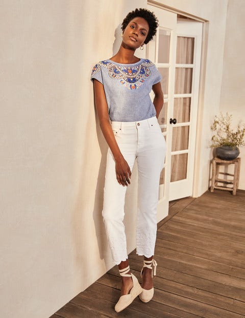 Slim Straight Ankle Jeans - White Embroidered