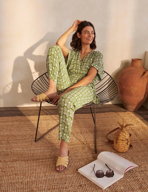 Alice Wickel-Jumpsuit - Erbsengrün, Geometrisches Ananasmuster Alice Wickel-Jumpsuit - Erbsengrün, Geometrisches Ananasmuster