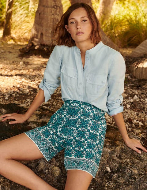 Georgina Linen Shorts - Indian Ocean, Flora Tile
