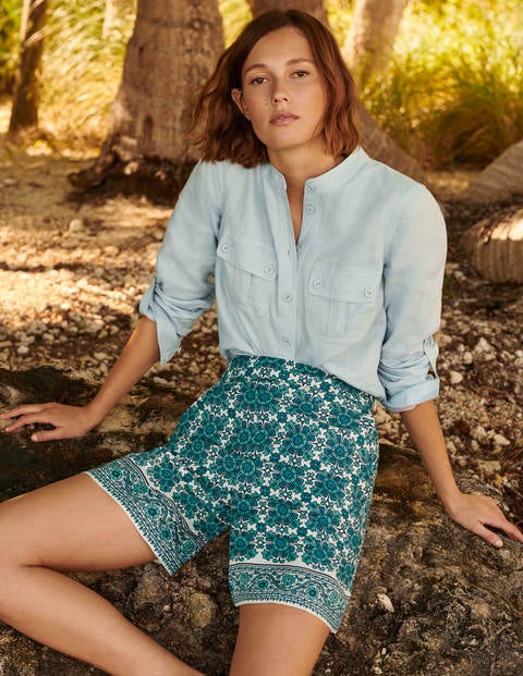 Georgina Linen Shorts - Indian Ocean, Flora Tile Georgina Linen Shorts - Indian Ocean, Flora Tile