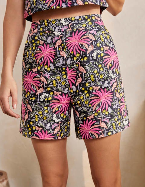 Georgina Linen Shorts - Navy, Tropical Charm Georgina Linen Shorts - Navy, Tropical Charm