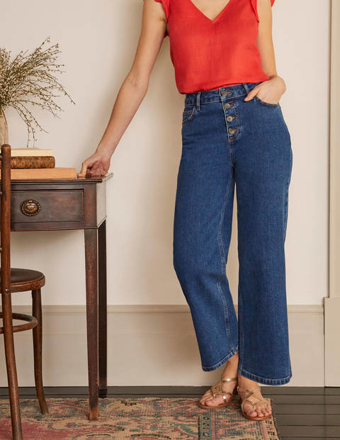 Jeans mit weitem Bein und Hornoptik-Knöpfen - Mittleres Vintageblau, Denim Jeans mit weitem Bein und Hornoptik-Knöpfen - Mittleres Vintageblau, Denim