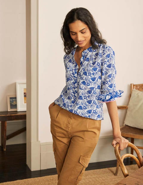 Silk Collarless Blouse - Ivory, Lotus Vine Silk Collarless Blouse - Ivory, Lotus Vine