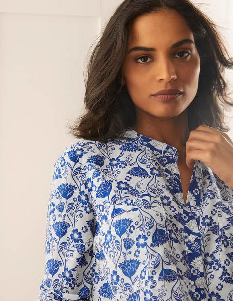 Silk Collarless Blouse - Ivory, Lotus Vine Silk Collarless Blouse - Ivory, Lotus Vine
