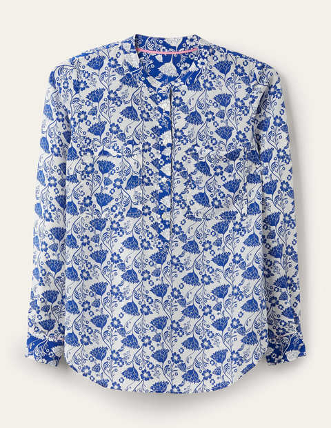Silk Collarless Blouse - Ivory, Lotus Vine Silk Collarless Blouse - Ivory, Lotus Vine