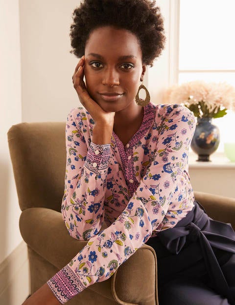 Silk Collarless Blouse - Milkshake, Trailing Posy Silk Collarless Blouse - Milkshake, Trailing Posy