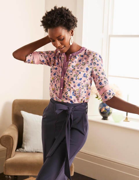 Silk Collarless Blouse - Milkshake, Trailing Posy Silk Collarless Blouse - Milkshake, Trailing Posy