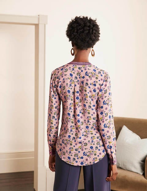 Silk Collarless Blouse - Milkshake, Trailing Posy Silk Collarless Blouse - Milkshake, Trailing Posy