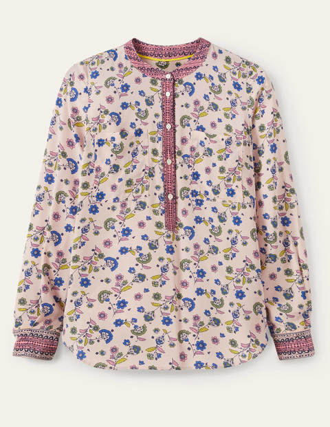 Silk Collarless Blouse - Milkshake, Trailing Posy Silk Collarless Blouse - Milkshake, Trailing Posy