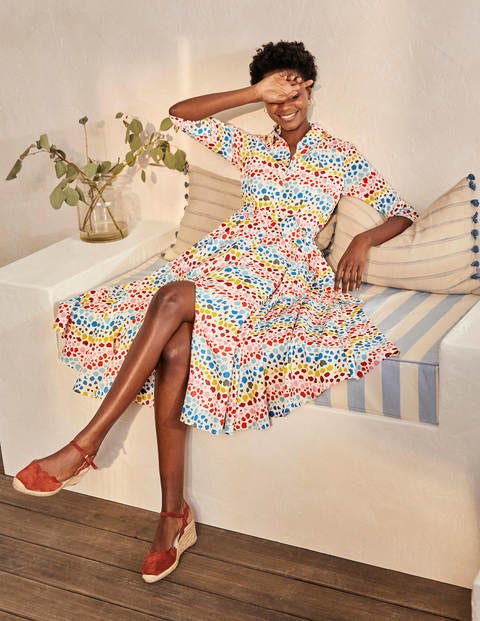 Kitty Midi-Hemdblusenkleid - Naturweiß, Leopardentupfen in Regenbogenfarben Kitty Midi-Hemdblusenkleid - Naturweiß, Leopardentupfen in Regenbogenfarben