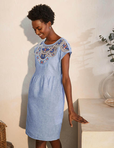 Fleur Embroidered Linen Dress - Grey Blue Chambray